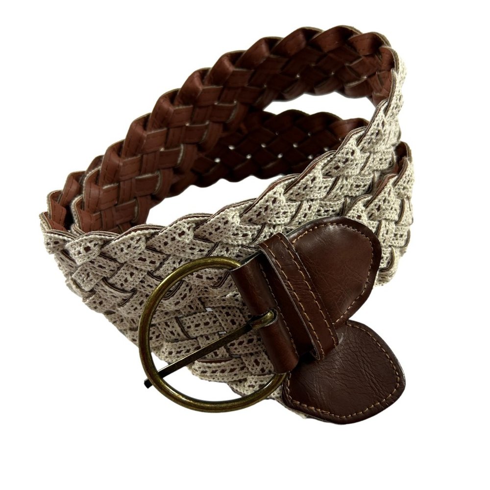 Womens Braided White Crochet Belt Brown Faux Leather One Size